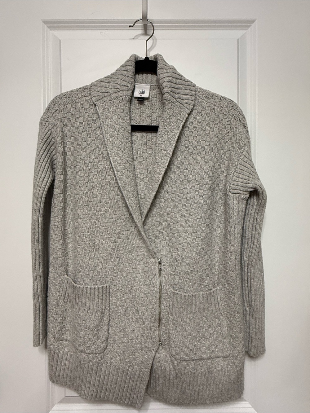 CAbi Heather Light Gray Shawl-Collar Zip Cardigan
